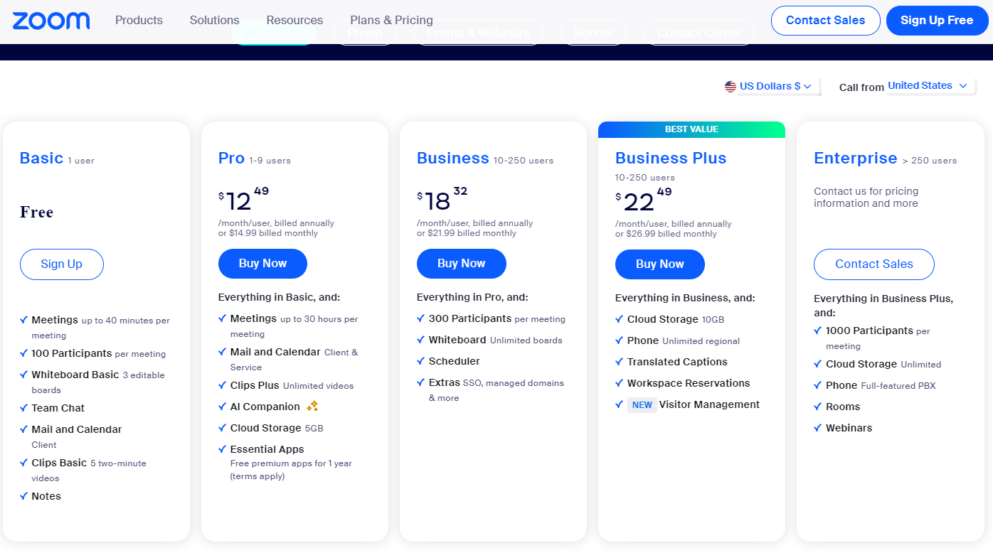 Zoom Pricing Page Screenshot 